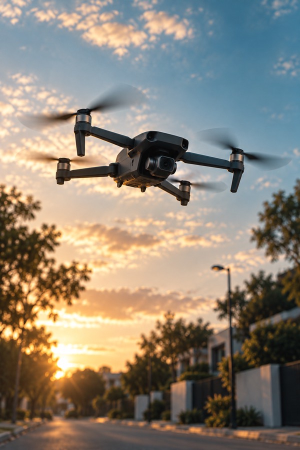 A drone hovering over a quiet street at golden hour